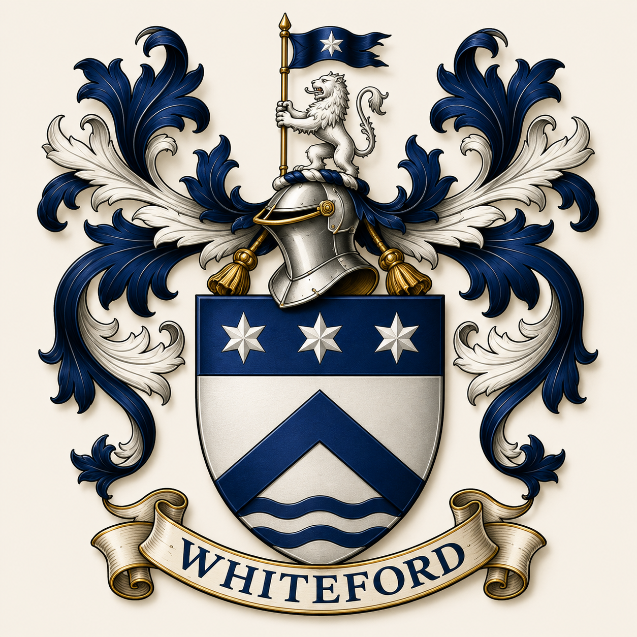 The Whiteford family crest: a navy and silver shield with three stars, a chevron and water lines, beneath a lion crest and a banner reading Whiteford
