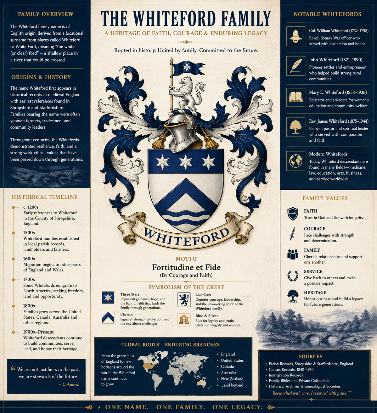 The Whiteford family heritage sheet: crest, surname overview, historical timeline, notable Whitefords, crest symbolism, family values and global roots