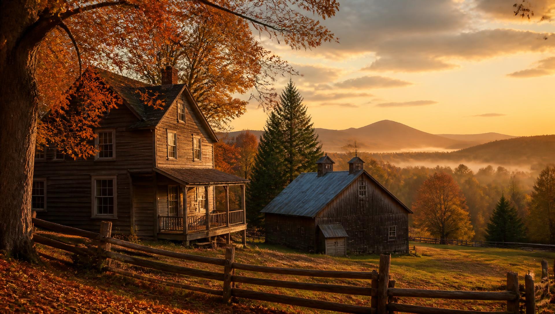 Autumn evening over a weathered farmhouse and barn in Hermon, New York
